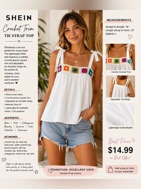 SHEIN White Tie-Shoulder Tank with Multicolor Crochet Trim